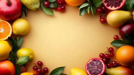 Vibrant Fruit Frame: A colorful array of fresh fruits—oranges, lemons, pomegranates, pears, and red currants—create a vibrant frame against a warm yellow background.