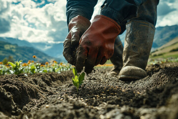 Fototapeta premium Hands skillfully planting seedlings in rich soil under a bright blue sky with rolling hills in the background