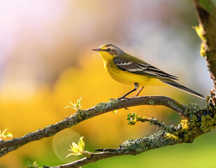 Fototapeta premium Western yellow wagtail perched on a branch in springtime