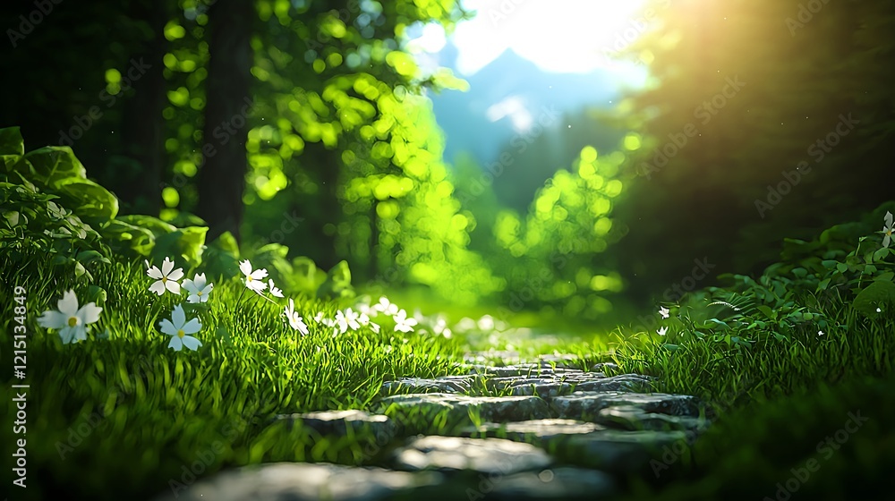 Poster serene forest pathway with sunlight filtering through greenery
