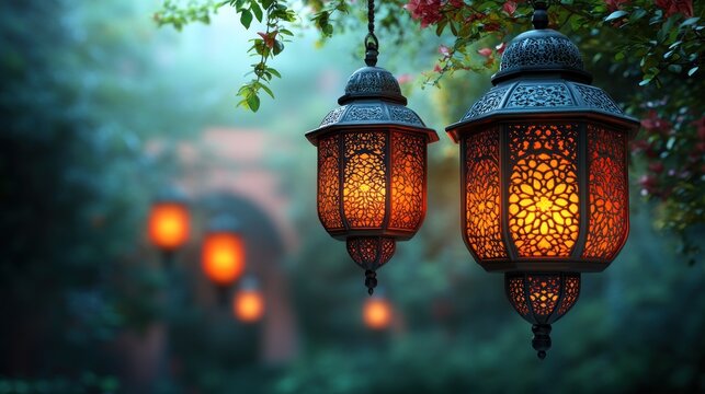 Illuminated lanterns hanging garden, night