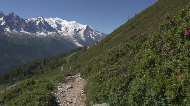 Vue subjective course &agrave; pied sentier montagne massif du Mont-Blanc