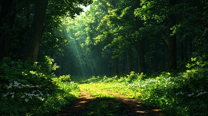 Fototapeta premium Serene Forest Pathway Illuminated by Soft Sunlight and Lush Greenery