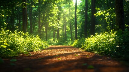 Fototapeta premium Sunlit Path Through Lush Green Forest Surrounded by Vibrant Nature