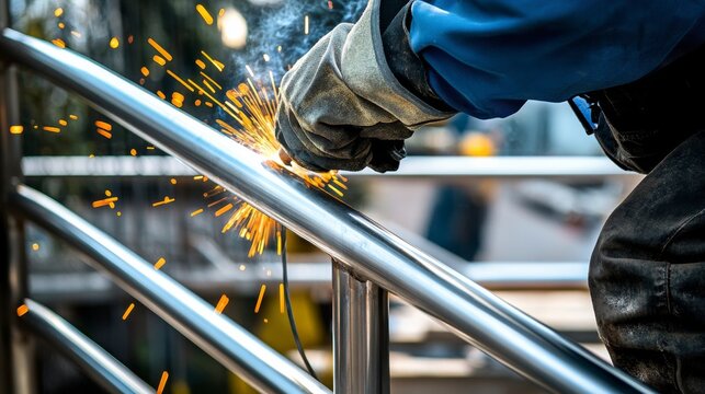 A welder welding stainless steel handrails for a luxury hotel staircase, Handrail welding scene, Hospitality construction style
