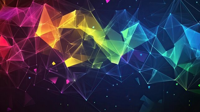 Rainbow plexus network flowing, dark background, digital art, tech