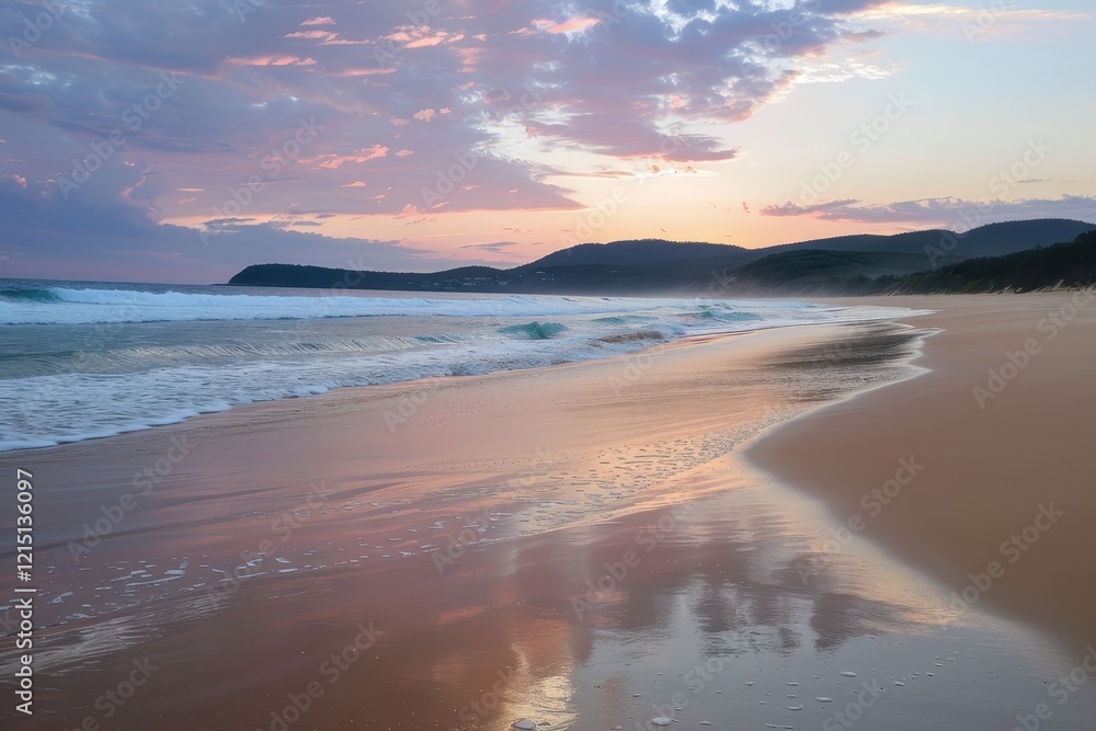 Poster sunset over calm ocean waves at a serene beach with soft pink and blue sky colors during the twiligh