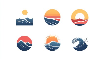 Fototapeta premium Ocean sunset wave icons; design elements for websites, branding
