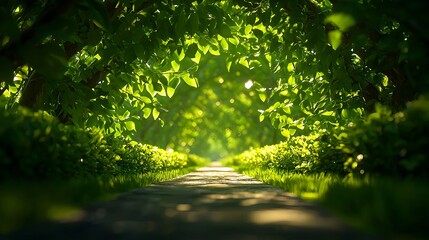 Fototapeta premium Serene Pathway through Lush Green Trees in Enchanting Forest