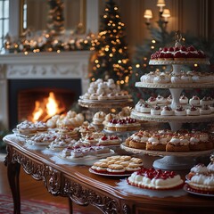 Luxurious Christmas desserts on a table by a fireplace.