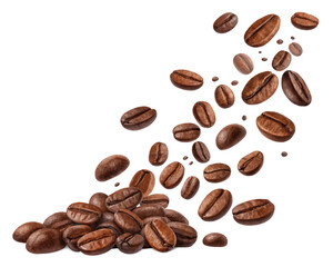 Falling coffee beans no background in PNG format.