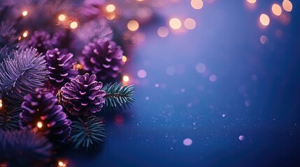 A festive scene featuring a purple wreath adorned with pine cones, surrounded by lush evergreen branches.