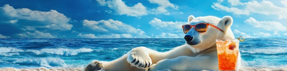Polar bear with a cocktail on the beach. Selective focus