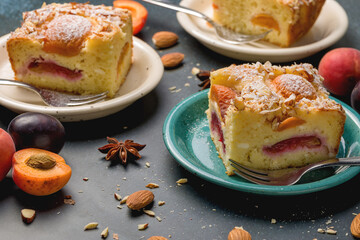 Cottage cheese pie with apricot and plum.
