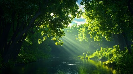 Fototapeta premium Tranquil Forest Scene with Sunlight and Reflection on Water Surface
