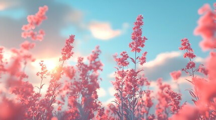 Vibrant floral background with blooming pink flowers under a bright blue sky