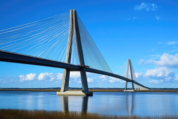 Obraz premium Upward View of a Modern Cable-Stayed Bridge: Closeup Focus on Architectural Details Against a Blue Sky