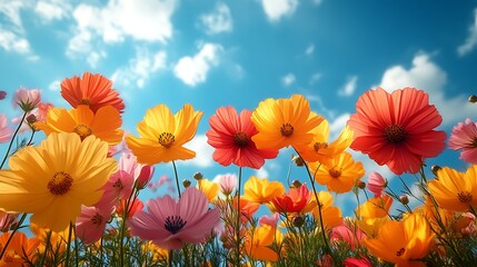 Obraz premium Vibrant cosmos flowers against a sunny sky.
