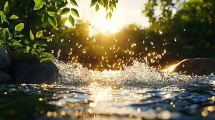 Fototapeta premium Water Splash at Sunset with Sunlight Glimmering on the Surface