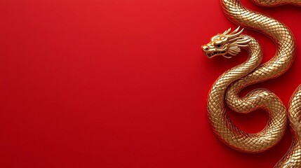 Fototapeta premium Golden Dragon Snake Red Background Chinese New Year Luxury Festive Elegant Design Graphic Art Illustration 3D Render Abstract Modern Minimalist 