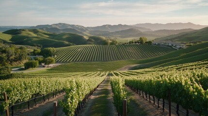Fototapeta premium A vineyard stretches across rolling green hills under a serene sky, showcasing the beauty of cultivated nature at sunset.