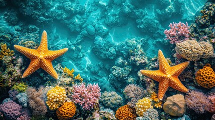 Aerial view of Vibrant starfish among coral 