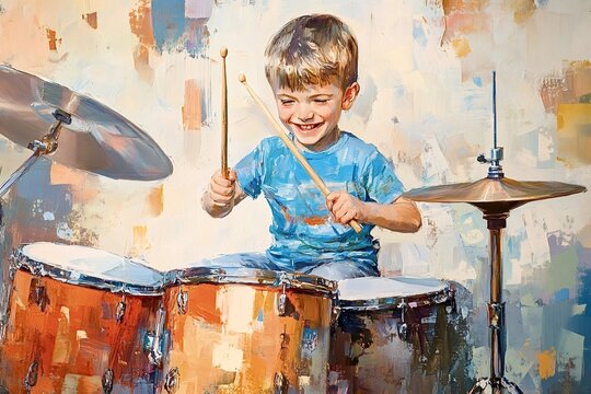 Oil painting depicting a smiling young boy joyfully playing the drums, radiating enthusiasm and energy, while creating a vibrant and lively atmosphere filled with music