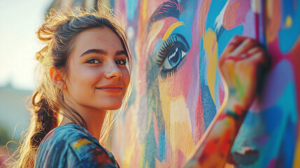 Fototapeta premium Teenager painting a mural on an urban wall, with vibrant colors and graffiti details in the background