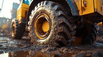 Mud covered tire of a yellow construction vehicle
