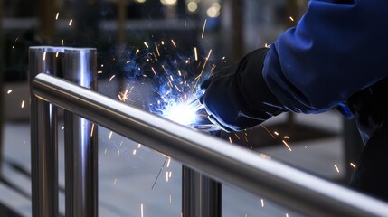 A welder welding stainless steel handrails for a luxury residential building, Handrail welding scene, Custom metalwork style