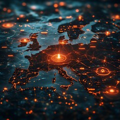 Europe digital network map glowing at night.