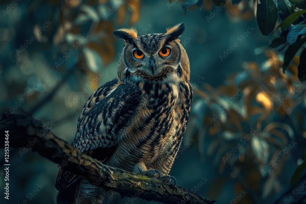Poster Wise owl perched on a branch in a misty forest during twilight, surrounded by fading autumn leaves and soft, diffused light
