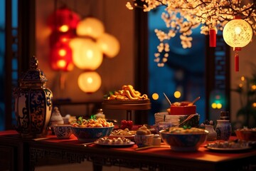 Warm Festive Asian Dinner Table Setting Lantern Lights Delicious Food Dishes Delicious Food Golden Decoration Chinese New Year Celebration Elegant    