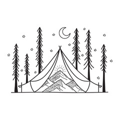 Camping place at night with moon and stars, tent with mountains and sunrise. Vector line art