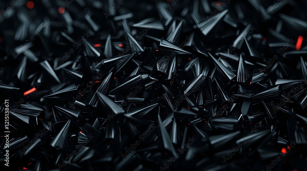 Poster black crystals with sharp points and shimmering red highlights