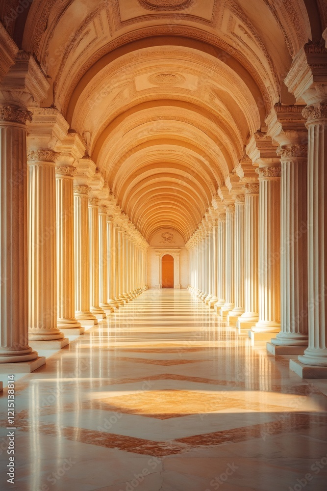 Poster long corridor with columns and arches creating a vanishing point in warm sunlight