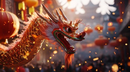 Vibrant Golden Dragon Dance Festive Parade Chinese New Year Celebration Traditional Culture Asian Mythology Red Lanterns Sparkling Lights Festive     