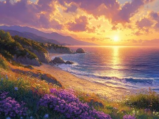 Remote bay with a mix of sandy shores, rocky outcrops, and diverse coastal plants under a vibrant sunset
