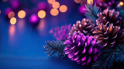 A festive scene featuring a purple wreath adorned with pine cones, surrounded by lush evergreen branches.