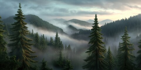 Misty pine forest at dawn with layers of fog