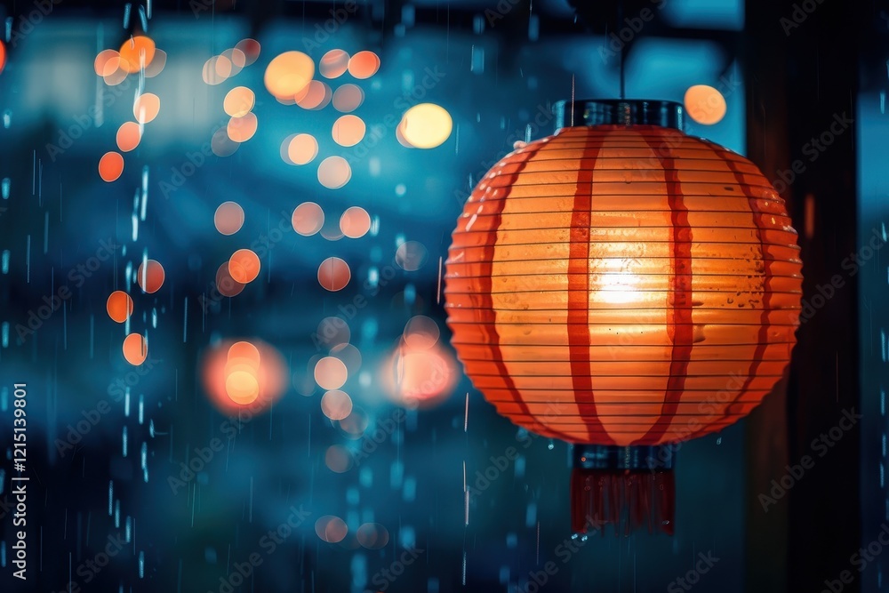 Poster lantern glowing softly in the rain at night, creating a serene atmosphere with blurred lights in the