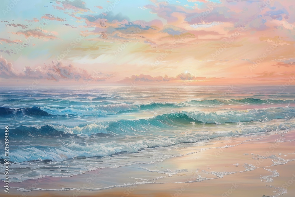 Poster sunset over calm ocean waves at a serene beach with soft pink and blue sky colors during the twiligh