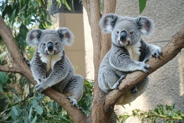 Fototapeta premium Adorable Mother and Baby Koalas Snuggled Together on a Tree in Their Natural Habitat
