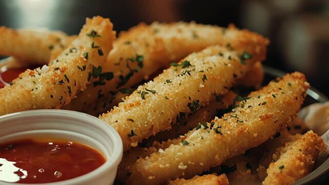 Crispy breaded sticks served with tangy dipping sauce at a cozy restaurant setting during lunchtime