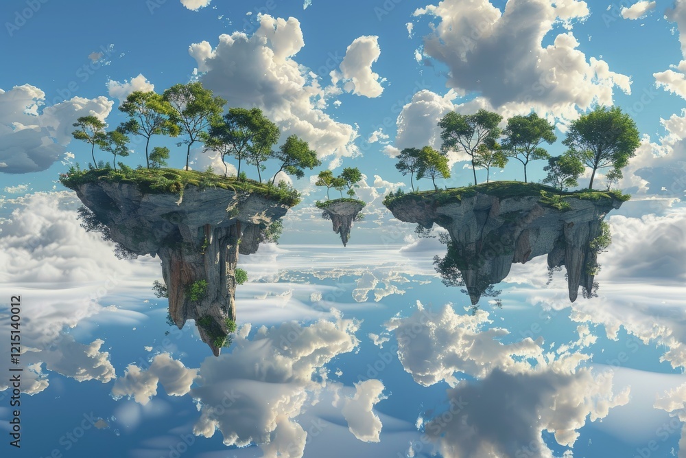 Poster surreal landscape featuring floating islands with trees reflecting on a cloudy sky