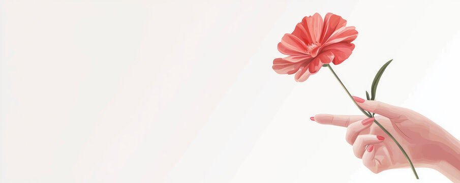 A soft, pastel background highlights a woman's hand gently holding a single flower, symbolizing tenderness and love during the celebration of International Women's Day