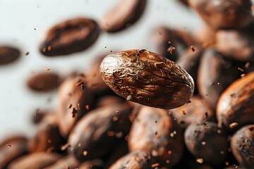 Fresh roasted coffee beans in dynamic motion with water droplets, captured in macro photography against light background. Perfect for cafe marketing and food industry.
