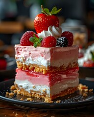 Delicious layered dessert with fresh berries and cream cheese filling on cookie crust, topped with strawberry, raspberries and blackberry. Perfect for restaurant menu, food blog or cookbook design.
