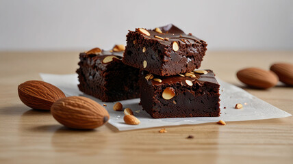 Chocolate brownies with almond on white background
