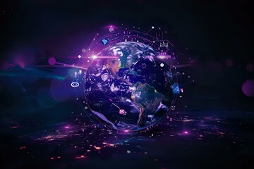 Futuristic digital Earth with glowing network connections and social media icons floating in dark space, perfect for global technology and communication concepts.